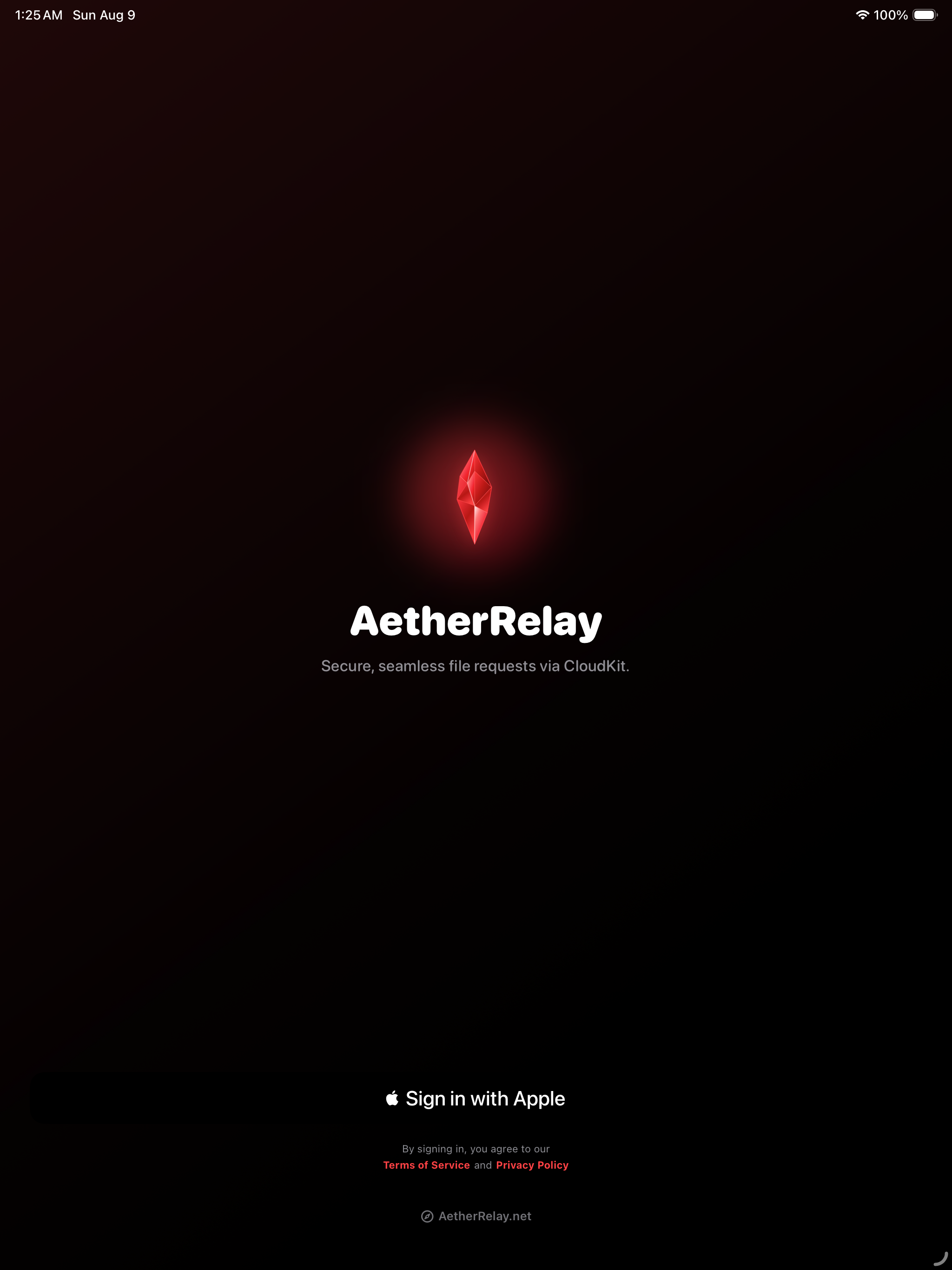 AetherRelay iPad Sign In Interface
